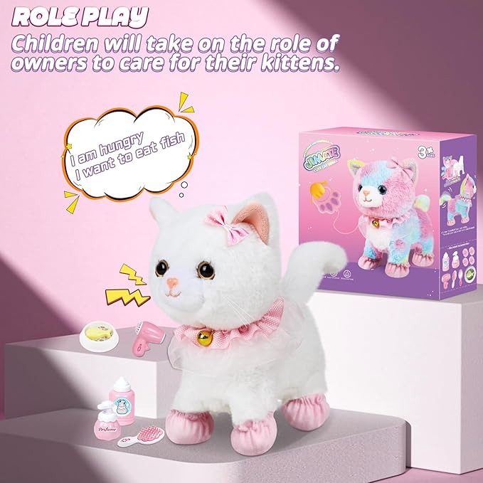 Jimate Interactive Electronic Plush Toy Walking and Barking Robot Cat Plush Cat Remote Control Kitten for Girls (White Cat)
