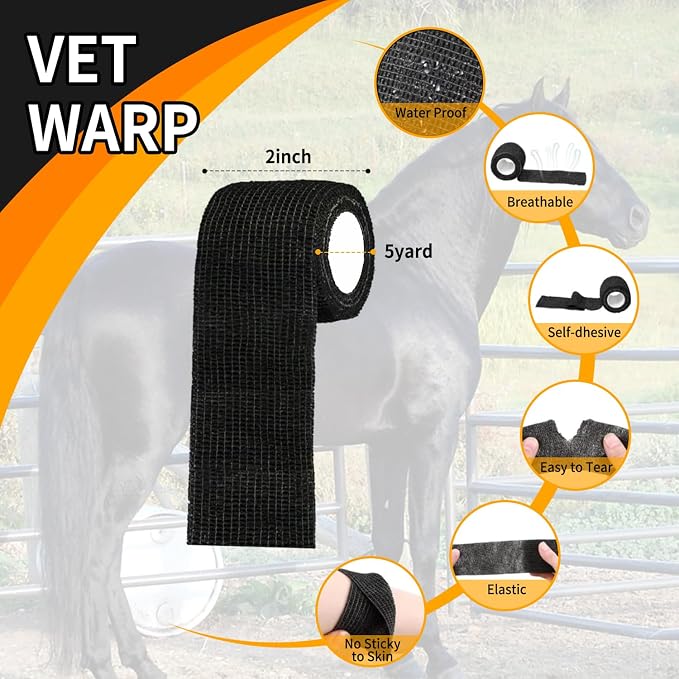 12 Pack Horse Hoof Tape with 4 Rolls of Vet Wrap, Strong Sticky Wraps, Magic Cushion Hoof Packing, Thrush Treatment for Horses, Horse Supplies for Real Horses