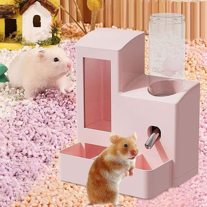 3 in 1 Hamster Automatic Feeder Dispenser Easy to Clean Container Feeding Station for Home Ferrets Bunny Small Animal Patio, Pink 120ml Bottle