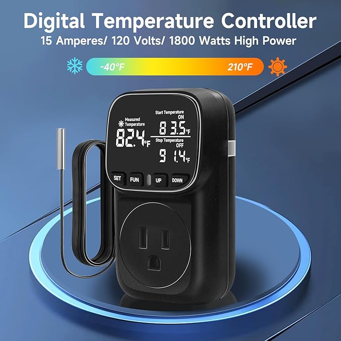 Temperature Controlled Outlet , 15A/1800W Digital Thermostat Outlet, Cyclic Timing/Countdown, -40℉~210℉ VA Display Heating Cooling Control Timer with 2Pcs Probe Cable for Reptile Incubator