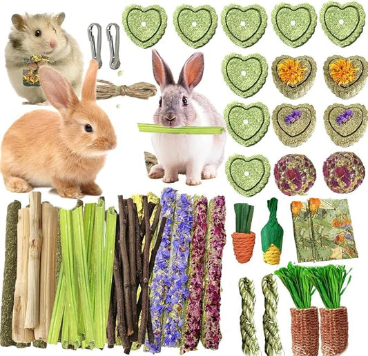 53Pcs Rabbit Chew Toys,Rabbit Toy for Bunnies Boredom Bunny Toys for Teeth, Timothy Stick, Apple Sticks, Sweet Bamboo, for Guinea Pig, Hamster, Chinchilla, Rat, Small Animals
