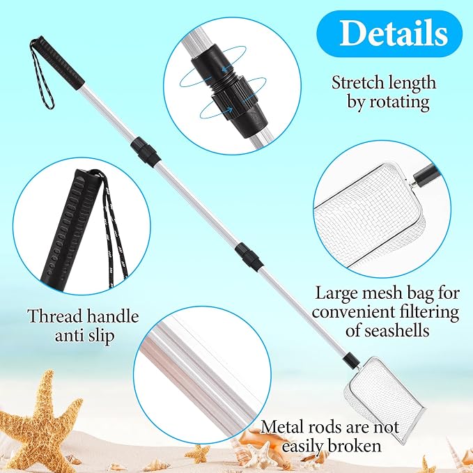 Roshtia 4 Pcs Beach Sand Sifter Set, Adjustable Long Handle Shell Scoop, Shark Tooth Sifter Mesh Shovel for Family Seashell Collecting, Sea Glass Hunting and Beach Treasure Fun