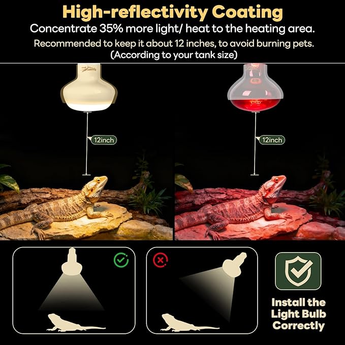 Reptile Heat Lamp Bulbs, 2 Pack 75W Reptile Heat Bulbs UVA Daylight Basking Bulb and Infrared Heat Lamp Red Night Light Bulb Combo for Bearded Dragon Chameleon Turtle Snake Gecko Lizard Chicken Tank