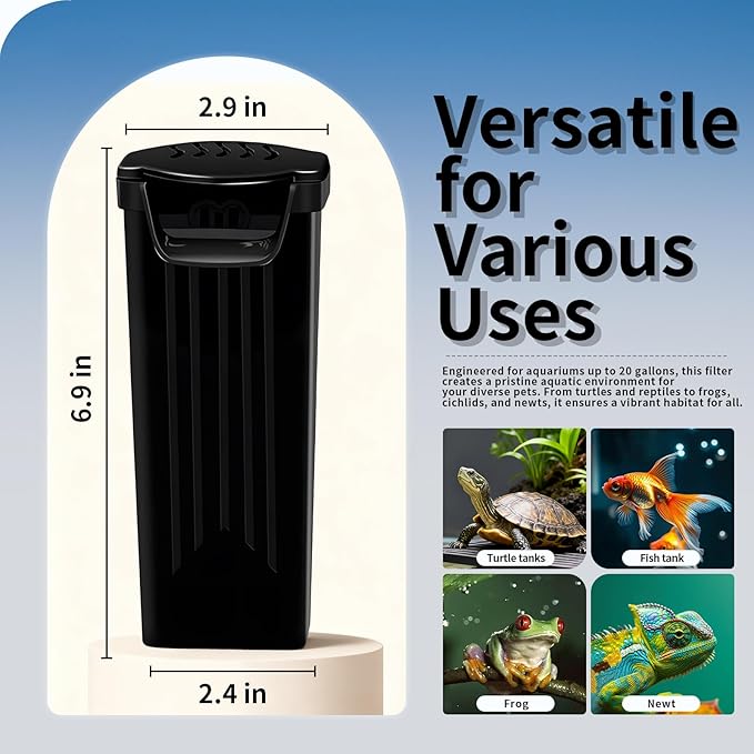 Small Aquarium Filter, Fish Tank Filter, Turtle Tank Filter,Ultra Silent 3.5W Low-Water Reptile Waterfall Filter for 1-15 Gallon (Black Filter)