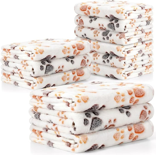 Tegeme 12 Pcs Pet Blankets 41 x 30 Inch Soft Fluffy Fleece Dog Cat Warm Paw Print Pattern Blankets Flannel Throw for Pets Dog Puppy Cat(White, Gray)