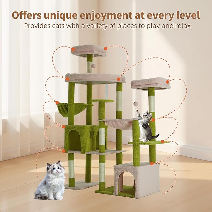 Indoor Cat Tree for Large Cats, 64.5 Inch Multi-Cat Cat Tree, Includes 3 Perches, 2 Cat Beds, 2 Hanging Baskets, Ideal for Multiple Cats to Play (Green + Pink)