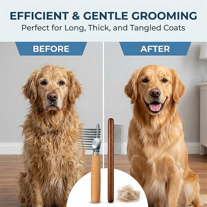 2-Piece Professional Grooming Kit with Stainless Steel Teeth, for Long-Haired Pets During Shedding Season and Mat Removal Sessions,Dematting Tool for Dogs, Cat Dematting Tool, Dematting Comb for Dogs