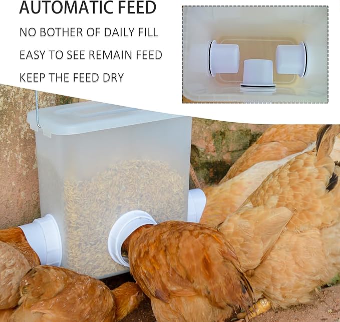 Automatic Chicken Feeder and Waterer Set Chicken Feed Bucket with 3 Feeders Ports Poultry Waterer Water Cups