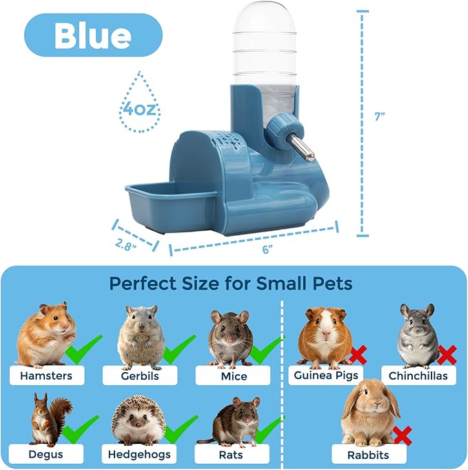 VANNON 3 in 1 Hamster Water Bottle No Drip Small Animal Water Bottle Automatic Bottle Dispenser with Food Container Base Hut and Hideout Base 4oz/120ml,Leekproof, BPA Free