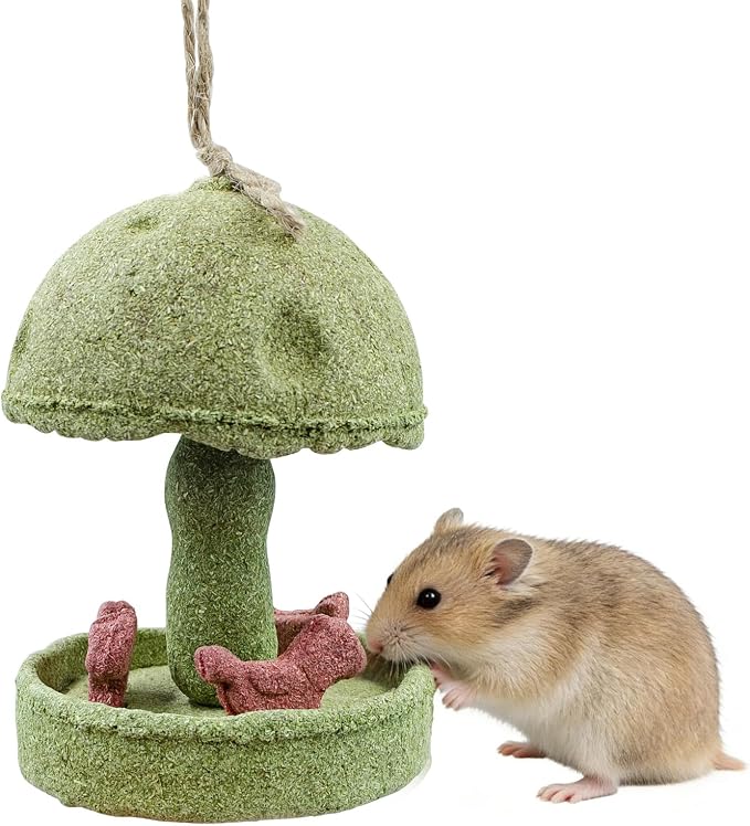 Hamster Chew Toys, Carousel Shape Natural Chew Toy with Hanging Rope, Bunny Toys for Rabbits Indoor, Toy for Rat, Hamster, Guinea Pig and Other Small Animals