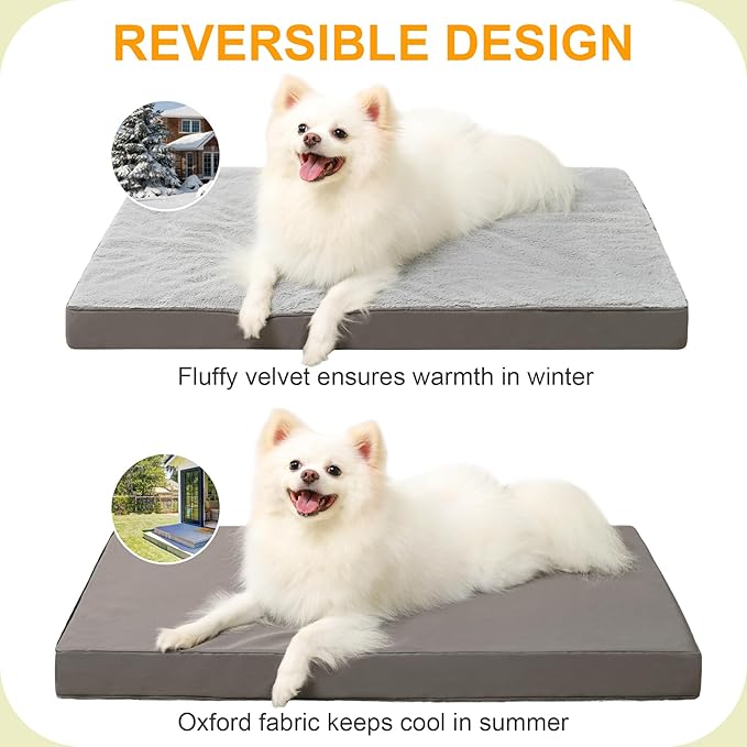 KSIIA Orthopedic Dog Bed - Waterproof Crate Bed for Small Dogs, Deluxe Plush Washable with Egg Crate Foam & Removable Cover, 23 x 17 Inch, Gray