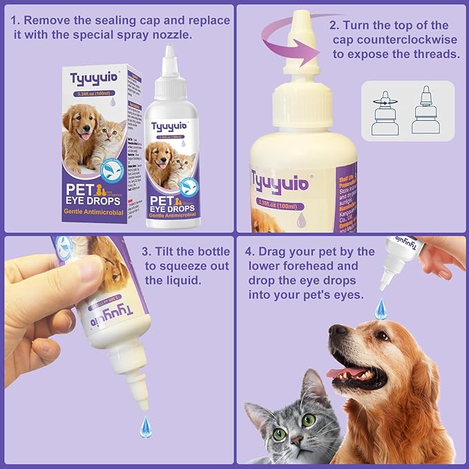 Pet Eye Drops for Dogs and Cats to Soothe Eyes Irritation & Infection Allergy,Relieve Dogs Cats Dry Eyes Pink Eyes,Pet Tear Stain Cleaner,Safe & Gentle Formula for All Animals 3.38oz (A)