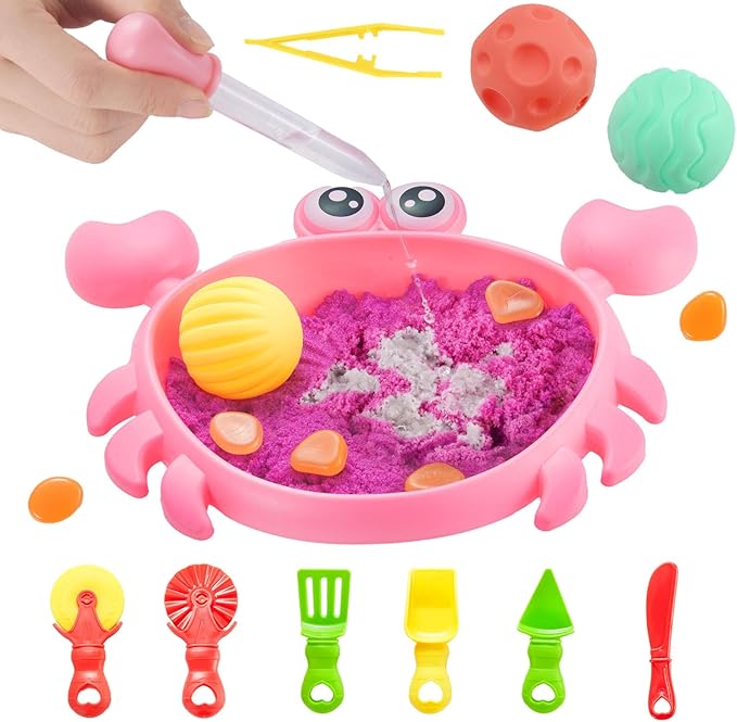 Carolart Mini Crab Sandbox with Color-Changing Sensory Sand, Office Desktop Crab Zen Garden Kit, Sensory bin for Stress Relief with Sensory Balls，Sand Art Kit for Kids and Adults