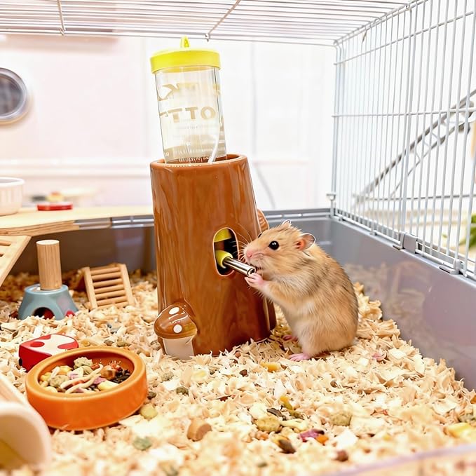 Hamster Water Bottle Ceramic Hamster Water Dispenser No Drip Feeder with Food Bowl for Mice Rats Hedgehog Chinchilla