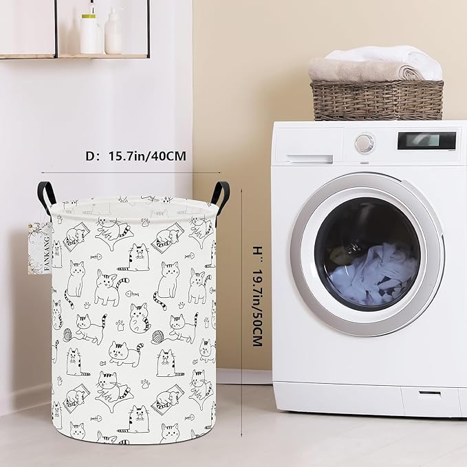 Laundry Basket Canvas Fabric Collapsible Organizer Basket for Storage Bin Toy Bins Gift Baskets Bedroom Clothes Children Nursery Hamper (Cat)