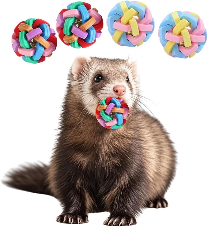4 Pack Ferret Toys Ball Set, Rubber Scratch Chew Toys with Built-in Bell Soft Colorful Balls Grinding Wiggle Ball Interactive Sound Toy Exercise Teeth for Ferret Cat Kittens
