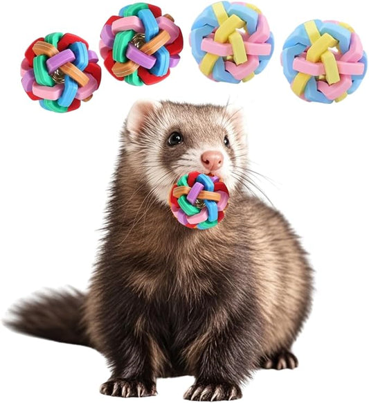 4 Pack Ferret Toys Ball Set, Rubber Scratch Chew Toys with Built-in Bell Soft Colorful Balls Grinding Wiggle Ball Interactive Sound Toy Exercise Teeth for Ferret Cat Kittens