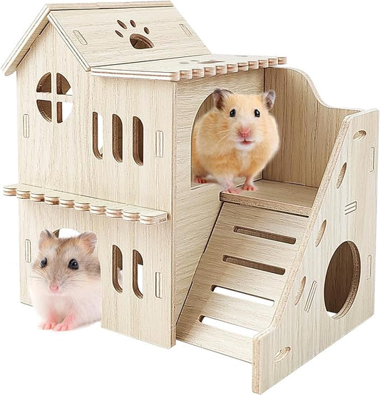 Hamster House,Tiny House with Slide House, Double-Decker Hut, Hamster Cage Accessories,Small Animal Habitat Decor for Small Hamster