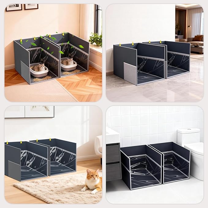 2PCS Cat Litter Box Enclosure Splash Guard, All-in-One Large Waterproof Gray Foldable Pet Litter Box Shield