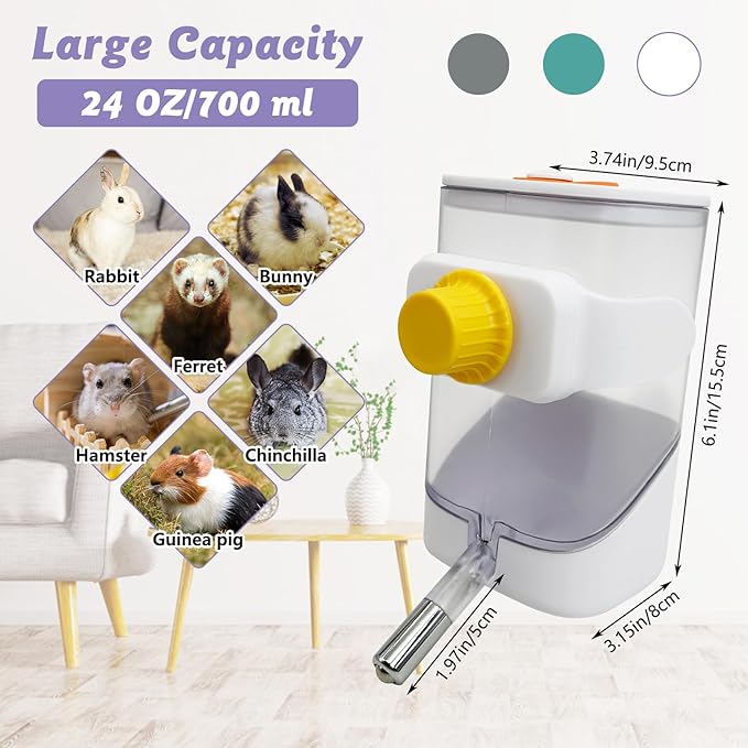 24oz Automatic Rabbit Water Dispenser for Cage Hanging Guinea Pig Water Bottle No Drip Bunny Water Feeder for Ferret Rat Hamster Chinchillaand Other Small Animals (White)
