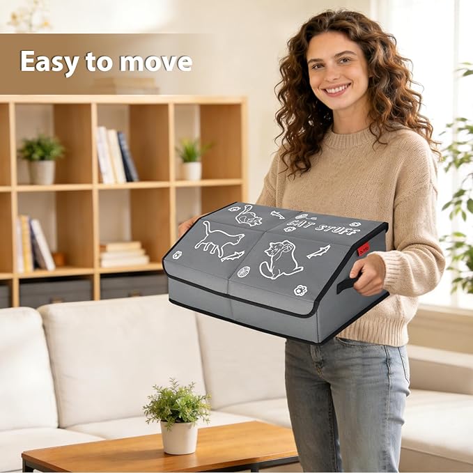 Sturdy MDF Cat Toy Box Storage with Lid, 19" Collapsible Cat Toy Bin with Handle, 600D Fabric Cute Pet Storage Basket Organizers for Pet Toys, Treats Clothes and Accessories - Grey (1 Pack)