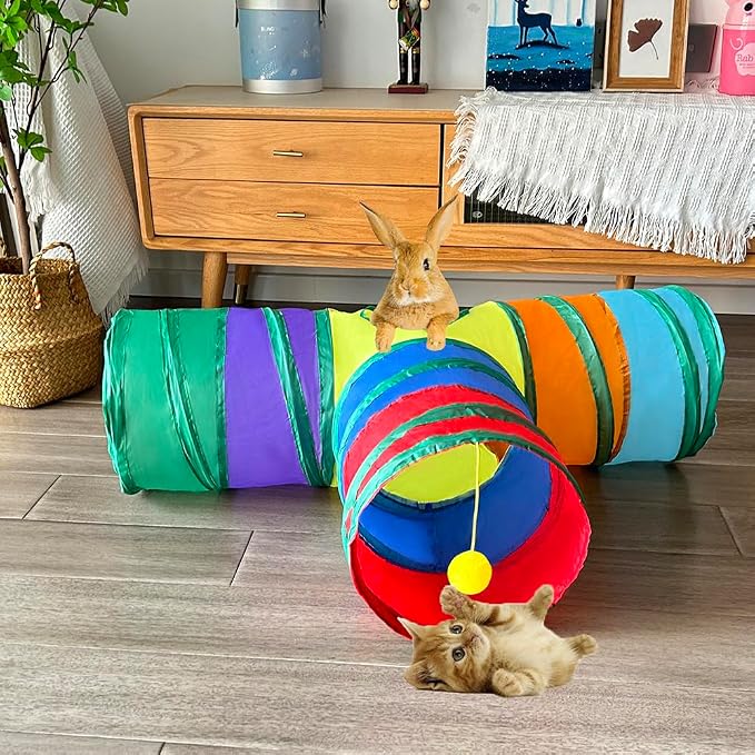 Rabbit Tunnels & Tubes Collapsible 3 Way Rainbow, Play Tunnel Tube Toy with Hanging Ball for Kitten, Puppy, Bunny, Ferret, Interactive Toys for Fun Playtime & Exercise