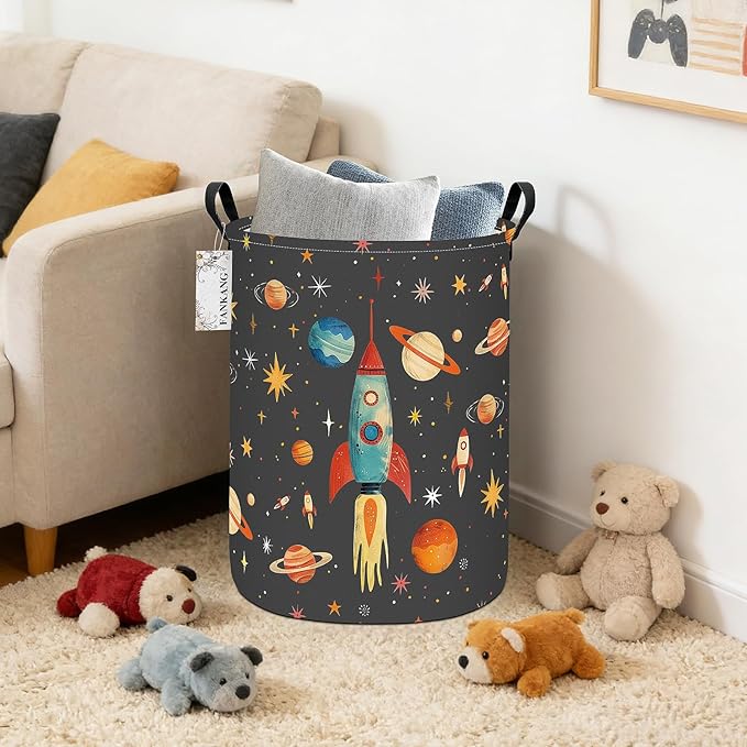 Storage Basket, Nursery Hamper Canvas Laundry Basket Foldable with Waterproof PE Coating Large Storage Baskets for Kids Boys and Girls, Office, Bedroom, Clothes,Toys(Space rocket)