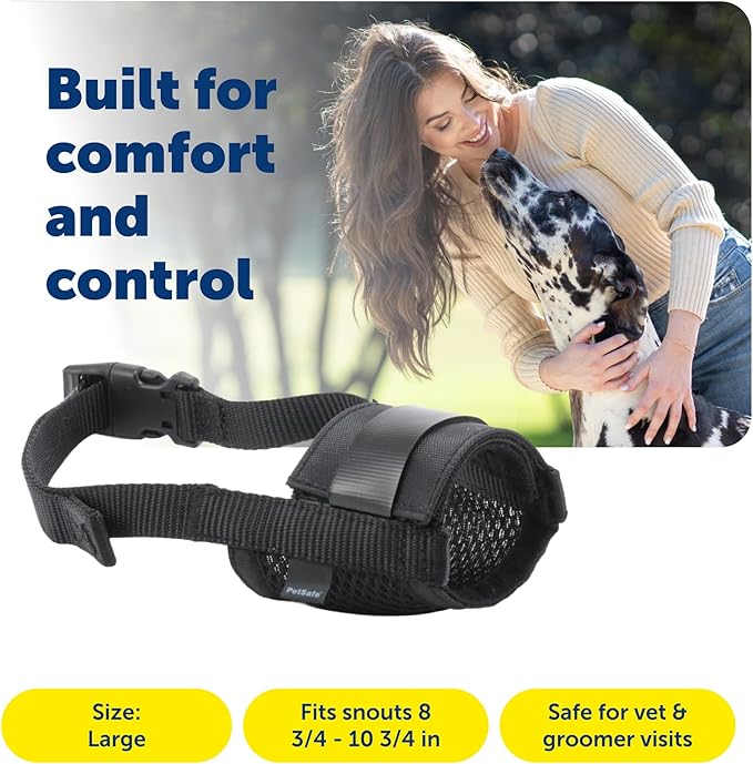 PetSafe Dog Muzzle - Large, Black - Comfortable Padding - Adjustable Sizing for Small, Medium and Large Dogs - Prevents Biting - Allows Room to Pant - Perfect for Visits to the Vet or Groomer