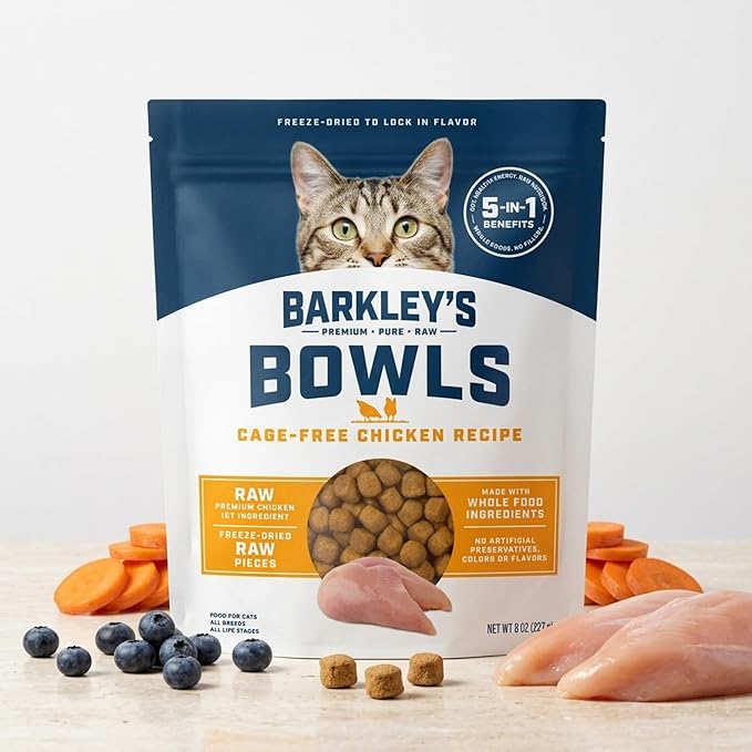 Barkley’s Bowls, Freeze-Dried Raw Chicken Cat Food, Fresh Whole Food Ingredients with Cage-Free Chicken, Grain Free, High Protein for Balanced Feline Nutrition, Cat Treats or Topper, 8 Oz Bag