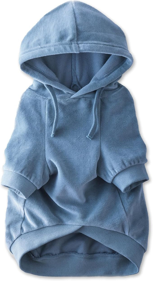 Pet Passion Cooper II Organic Cotton Velour Dog Hoodie Pet Coat for Small, Medium and Large Dogs, Faded Denim, XXX-Small (up to 5lbs)