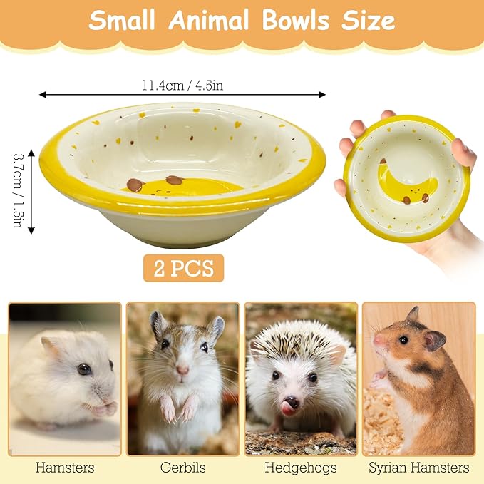 kathson Hamster Ceramic Food Bowl Small Animal Bowls with Banana Pattern for Cage Guinea Pig Anti-Turning Food and Water Dish Pet Feeder for Gerbil Hedgehog 2PCS