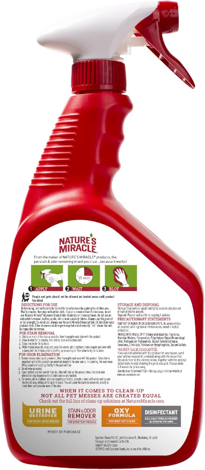 Nature's Miracle Advanced Stain & Odor Eliminator,32 Ounces,Sunny Lemon Scent,Severe Mess Enzymatic Formula For Tough Pet Messes,(Pack of 2)
