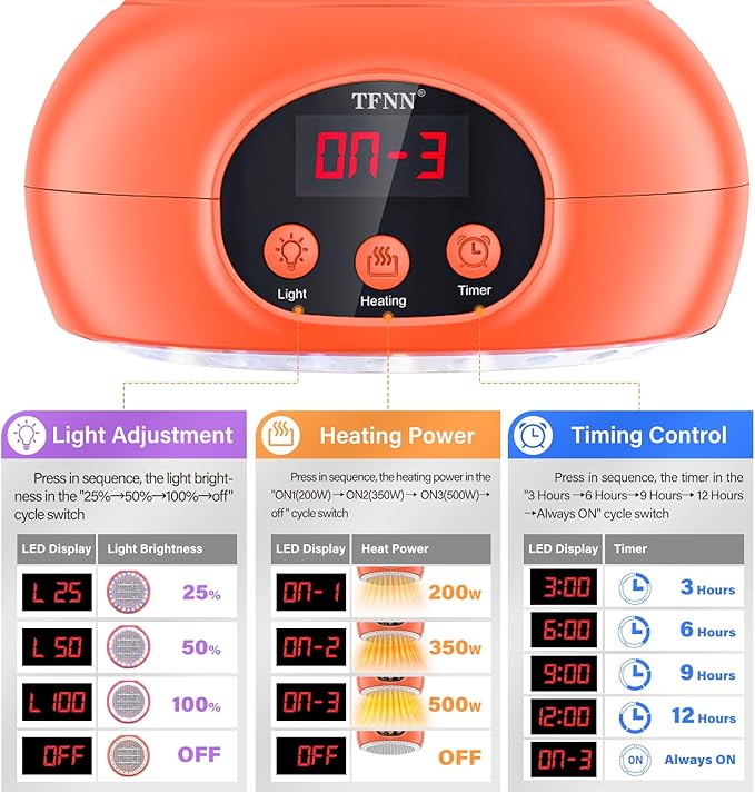 Chicken Coop Heater Lamps,200W-350W-500W Reptile Heating Lamp Upgraded with UVA UVB Ligh 3-6-9-12H Timer,Protable Greenhouse Heater for Outdoor Chicken Coop for Reptile Rabbits Dog Cats (5.2 Inch)