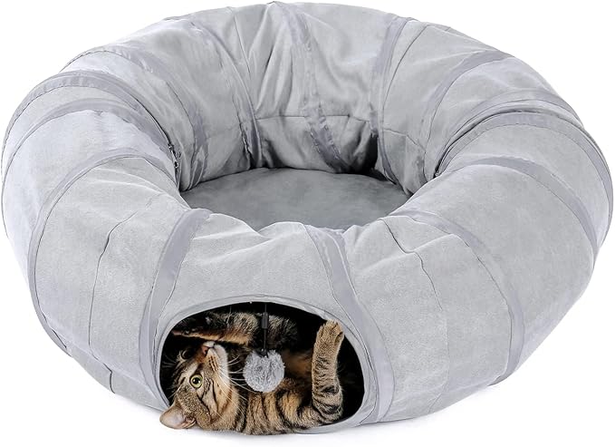 PAWZ Road Donut Cat Tunnel Bed with Center Mat, Peek Hole & Hanging Balls | Large Collapsible Cat Tunnel Donut with Soft Center Mat, Peek Hole, Interactive Hanging Ball, Cat Play Tunnel for Indoor Cats