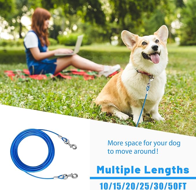Dog Tie Out Cable 10/15/20/25/30/50 FT Dog Runner for Yard Steel Wire Dog Cable with Durable Superior Clips Blue Dog Chains for Outside Dog Lead for Large Dogs Up to 165 lbs