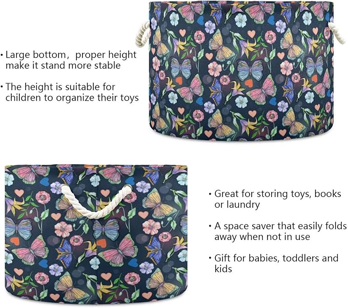 Butterfly Print Round Storage Basket Summer Colorful Butterfly Flowers Large Laundry Hamper 20 x 20 x 14 Inches Organizer Bin with Handles Clothes Storage Bag for Nursery Bedroom Living Room Decor