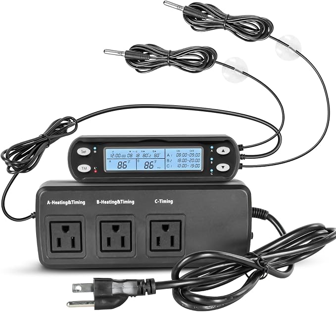 Smart Thermostat with Heating Timing Outlets, PID Dimming Thermostat for Day Night Temperature Controller, 3-Channel Digital Timer for Reptile Mushroom Greenhouse Heat UVB Lamp