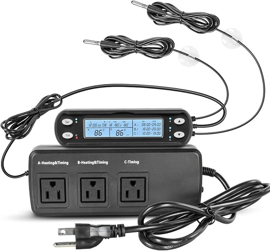 Smart Thermostat with Heating Timing Outlets, PID Dimming Thermostat for Day Night Temperature Controller, 3-Channel Digital Timer for Reptile Mushroom Greenhouse Heat UVB Lamp