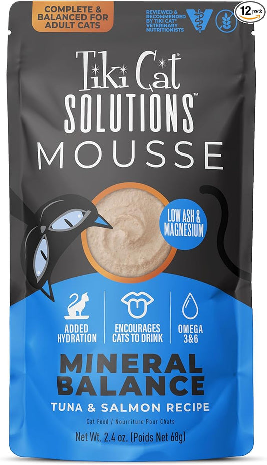 Tiki Cat Solutions Mineral Balance Mousse, Supports Urinary Health, Tuna & Salmon Recipe, 2.4 oz. Pouch (12 Pack)