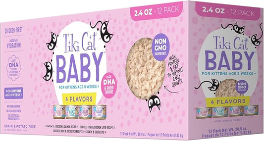 Tiki Cat Baby Wet Cat Food for Kittens, Shreds Variety Pack 2.4 oz. Cans (12 Count)