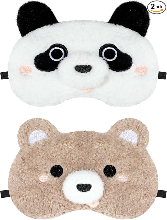 NEWEST 2 Pcs Cute Plush Animal Sleeping Masks, Soft Panda Bear Eye Cover for Sleeping with Elastic Strap, Funny Cartoon Eyeshade Blindfold for Blackout Travel Nap Night Sleep Party Girl Boy