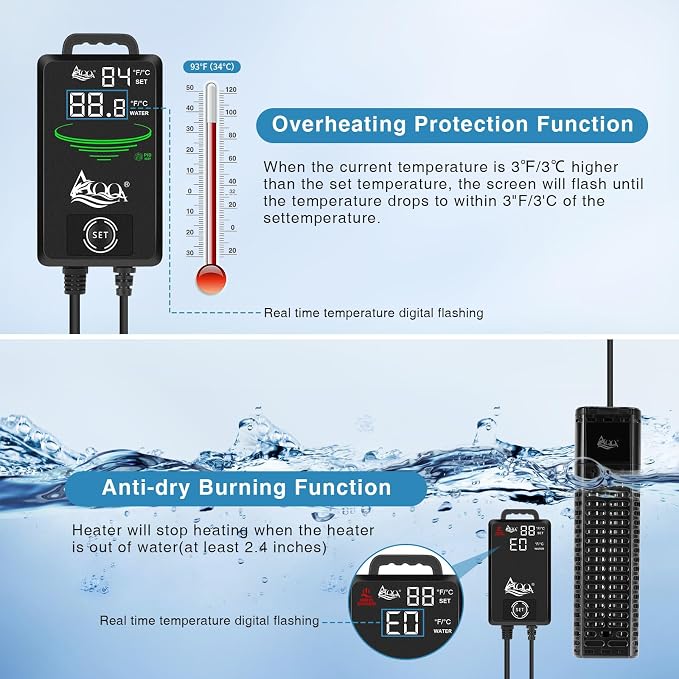 AQQA Aquarium Heater,300W 500W 800W 1000W 1200W Fish Tank Heater,59℉-93℉ Submersible Intelligence Aquarium Heater with Over-Temperature Dry Burning Protection 1000W to 135-235 Gallon