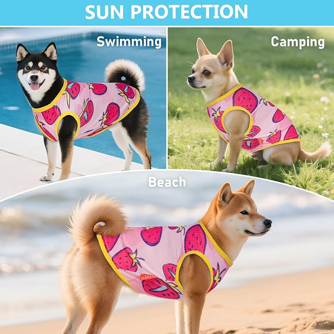 KYEESE 2Pack Dog Shirt, Lightweight Sun Protection Dog T Shirts for Small Dogs Girl, Breathable Mesh Tank Top Sleeveless Pet Reflective Vest, Soft Summer Dogs Clothes, Strawberry+Rose Red, L