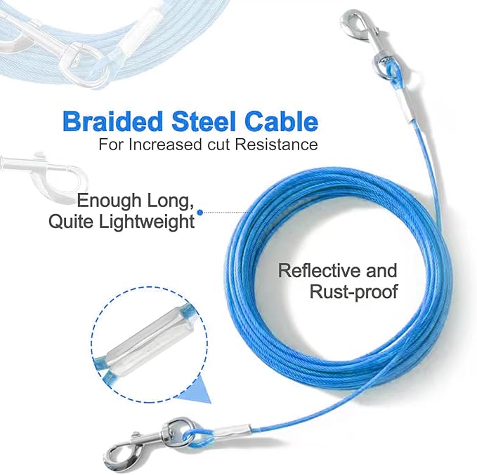 Tie Out Cable for Dogs,10/20/30/50/100FT Dog Leads for Yard Chew Proof,Heavy Duty Tie Out Cable for Large Dogs Up to 125lbs,Dog Runner Tether (Blue, 125Ibs 50ft)