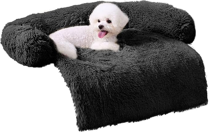 HACHIKITTY Calming Pet Sofa Bed Mat, Washable Fluffy Couch Cover for Dogs and Cats, Anti-Slip Bottom (40"x 38"x 6", Black)