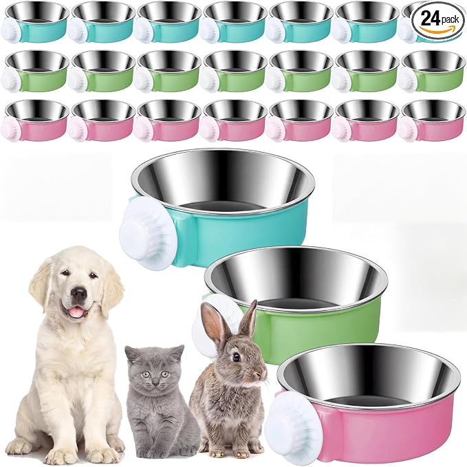 Mimorou 24 Pcs Crate Bowls Bulk Puppy Dog Bowls for Kennel Removable Stainless Steel Crate Water Bowl Kennel Hanging Food Feeders Coop Cup for Cat Puppy Rabbit Birds Ferret Guinea Pigs