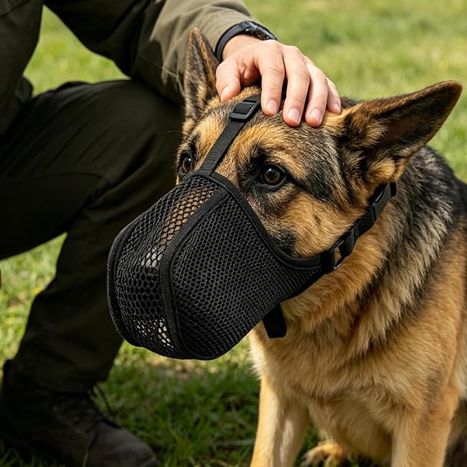 Dog Muzzle for Large Medium Small Sized Dogs Soft Mesh Muzzles for Grooming Anti Scavenging Biting Chewing Breathable Adjustable Mouth Guard Cover (Black, L)