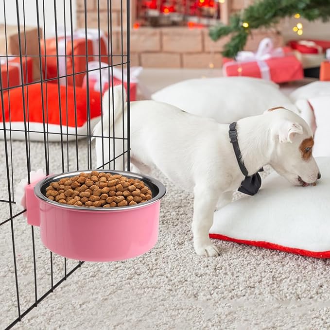 Hypeety Dog Crate Water Bowl No Spill - Hanging Attachable Pet Bowls for Kennel Durable Stainless Steel Food Water Dishes for Small Dogs Cats Rabbits Parrots with Non-Slip Base (Pink 2pcs)