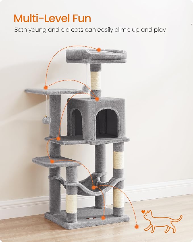 Feandrea Cat Tree, 44.1-Inch Cat Tower, Plush Multi-Level Condo with 4 Scratching Posts, 2 Perches, Hammock, Cave, Light Gray UPCT261W01
