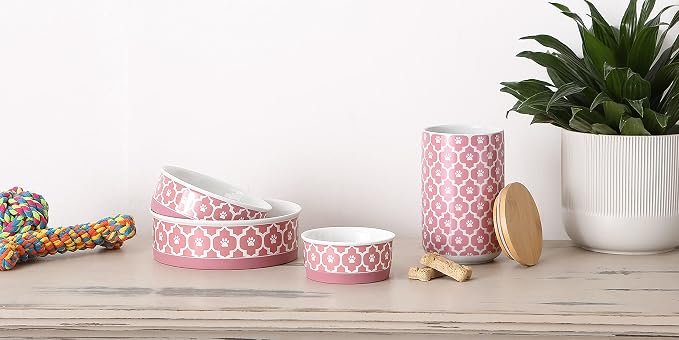 Bone Dry Lattice Collection Pet Bowl & Canister, Small Set, 4.25x2 inches, Rose, 2 Piece